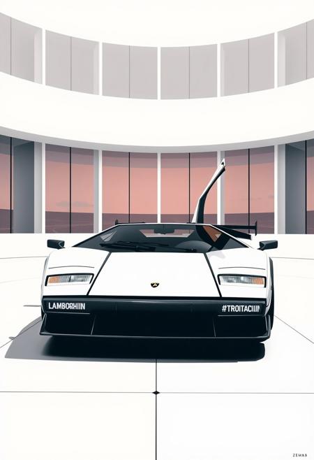 in the style of a 1985 Lamborghini Countach create a masterpiece print in the iconic architectural syntax of design legends zaha hadid & Tadao Ando