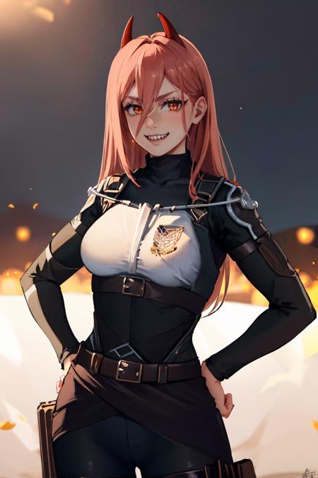 (masterpiece, best quality:1.2), solo, 1girl, power \(csm\), sharp teeth, grin, looking at viewer, hands on hips, symbol-shaped pupils, cross-shaped pupils, blksurvcorp, breastplate, emblem, belt <lora:csm_power:1> <lora:attire_blacksurvcorp-10:1>