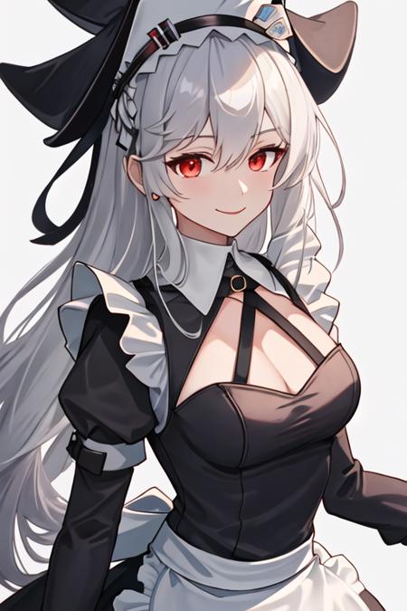 best quality, masterpiece, highres, solo, {maid:1.40}, {long maid dress:1.15}, {specter_arknights:1.15}, long_hair, bangs, red_eyes, hair_between_eyes, smile, black_headwear, grey_hair, white_hair, very_long_hair, upper_body, hat, breasts