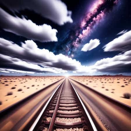 (CosmicTrain style:1) train traveling down train tracks through a desert, a cloudy night sky <lora:djzCosmicTrainV21:0.8>