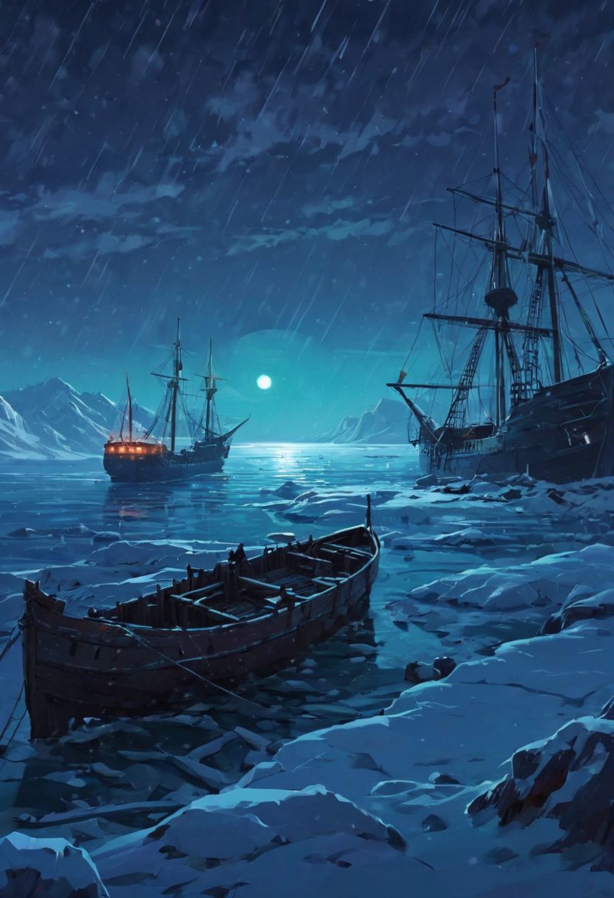 horror theme, dead of night, vast tundra, ships wrecked in the ice, "the terror", winter darkness, realistic, by Alena Aen...