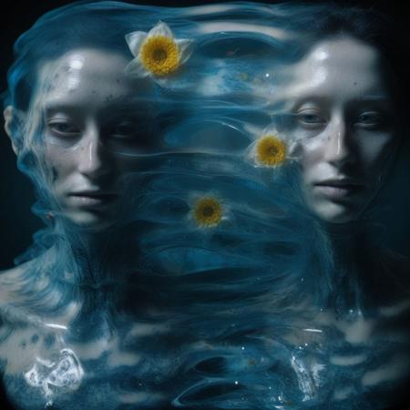 A close-up portrait photograph, The sexy and sassy brunette blue skin, horny alien twins. Their luxury interstellar starship behind them, flower field and ayahuasca, 1970s science fiction b-movie, technicolor, 3d stereoscopic cinematic photograph, Polyacrylic resin, glossy, melted plastic, stretched rubber faces, Leica M3, in the style of science fiction rococ, snake tattoos, hoph fibration bundles each rotated axis distorting space, time and warping light, teeth, teeth, teeth, overgrown teeth, teeth growing into teeth, freakish oversized exaggerated huge big teeth, skull, armadillo
