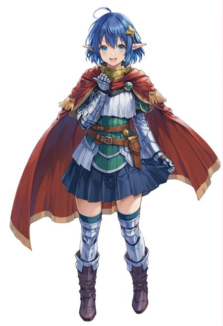 <lora:yukihiro_kajimoto_so2r_xl:1>, yurihiro_kajimoto, star ocean, star_ocean_the_second_story, rena lanford, 1girl, ahoge, armor, blue_eyes, blue_hair, boots, cape, full_body, hair_ornament, looking_at_viewer, open_mouth, pleated_skirt, pointy_ears, short_hair, simple_background, skirt, smile, solo, standing, thighhighs, white_background, ((masterpiece, best quality))