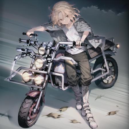 high detailed, 8k, highres, mikey, manjiro_sano, tokyo_revengers, blonde hair, ground vehicle, motor vehicle, motorcycle, red background, solo, shirt, black pants, pants, grey shirt, white footwear, full body, simple background, jacket, 1boy, male focus, boots, smile, short sleeves, white shirt, looking at viewer, black jacket, shadow, black eyes, short hair