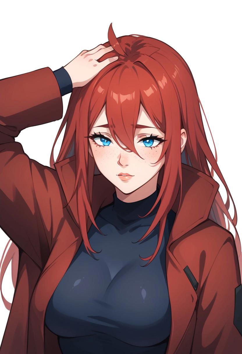 score_9, score_8_up, score_7_up, expressiveh, source_anime, 1 girl, solo, sexy girl, large breast, red coat, bleh meme, hands on own head, ulyana, long hair, red hair, blue eyes, face freckles, large breasts, body freckles, bangs, hair between eyes, straight hair, solo