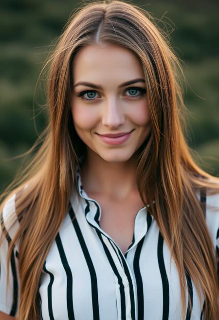woman with long brown hair. She looks straight at the camera and smiles slightly. She has blond skin and expressive green eyes. A woman is wearing a shirt with vertical black and white stripes. Background nature, lighting is soft, sunset.