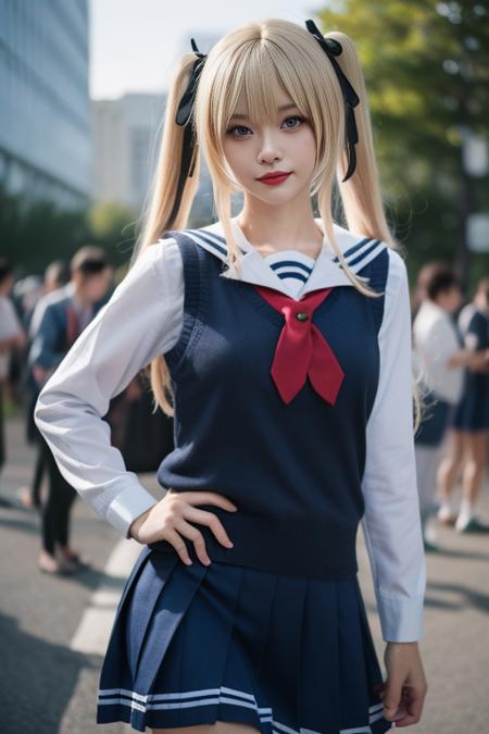 ultra-detailed,highly detailed,best quality,masterpiece,illustration,realistic,
eriri, 1girl, solo, cosplay, 
blonde hair, twintails,long hair, bangs,   blue eyes, 
sweater vest, school uniform, serafuku,sailor collar,shirt, vest, long sleeves,  hair ribbon, pleated skirt, blue skirt, neckerchief,  
standing,looking at viewer,  cowboy shot, 
blurry background, outdoors, day, photo inset, photo background,depth of field, reference inset,
 <lora:eriri_v4_03:0.7>