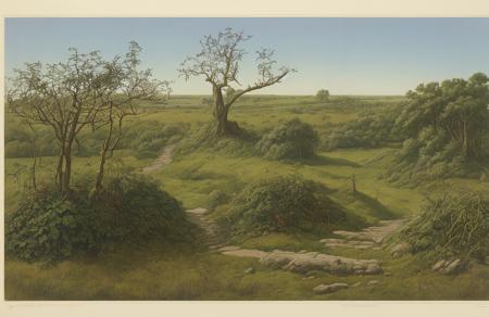 style of Roger Dean, orchard ,thicket ,hedgerow,terrace ,stand , Bog ,