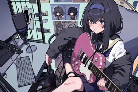 <lora:Overdose:0.9>, overdose, 1girl, solo, holding, sitting, chair, instrument, microphone, guitar, cable, computer, monitor, holding instrument, electric guitar, poster (object), keyboard (computer), mouse (computer), amplifier, (masterpiece, best quality:1), bags under eyes, bangs, black hair, blue eyes, halo, blue hairband, brown cardigan, long hair, white serafuku, white skirt, <lora:KozekiUiBlueArchive_10:0.8>