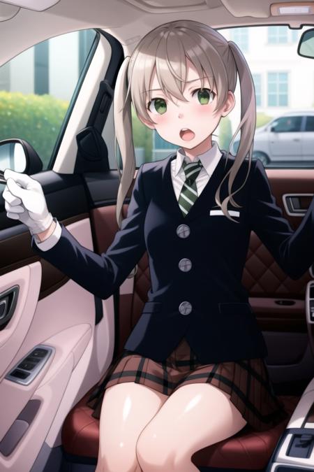 masterpiece, best quality, <lora:MakaAlbarn035-20:1> ,

MakaAlbarn, 1girl, twintails, car interior, gloves, skirt, solo, necktie, sitting, plaid skirt, white gloves, blush, open mouth, plaid, driving, seatbelt, ground vehicle, long sleeves