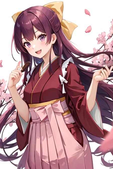 best quality, masterpiece, highres, solo, {kamikaze_kantaicollection:1.15}, long_hair, purple_hair, bow, hair_bow, purple_eyes, yellow_bow, hakama, pink_hakama, smile, tasuki, 1girl, hakama_skirt, japanese_clothes, kimono, looking_at_viewer, meiji_schoolgirl_uniform, open_mouth, red_kimono, ribbon, skirt, petals