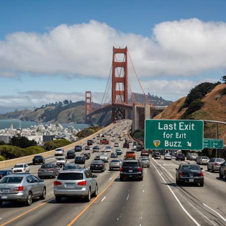 This photograph captures a prominent green highway sign with text "LAST EXIT FOR BUZZ" on a sunny day. The background shows an urban road leading to the Golden Gate Bridge, with the iconic red-orange suspension bridge towering over a busy four-lane highway. Vehicles, including a silver SUV and a blue sedan, are driving on the right lane. In the background, the cityscape of San Francisco is visible with hills and buildings under a partly cloudy sky. The image conveys a bustling urban environment, and the highway sign dominates the scene.
