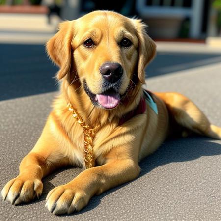 A golden retriever with gold chains and aviator sunglasses, rubbing his paws