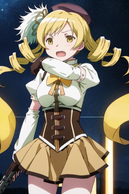 best quality, masterpiece, highres, solo, {tomoe_mami_puellamagimadokamagica:1.15}, blonde_hair, drill_hair, twin_drills, twintails, hair_ornament, yellow_eyes, magical_girl, 1girl, beret, gun, hat, parody, weapon, open_mouth