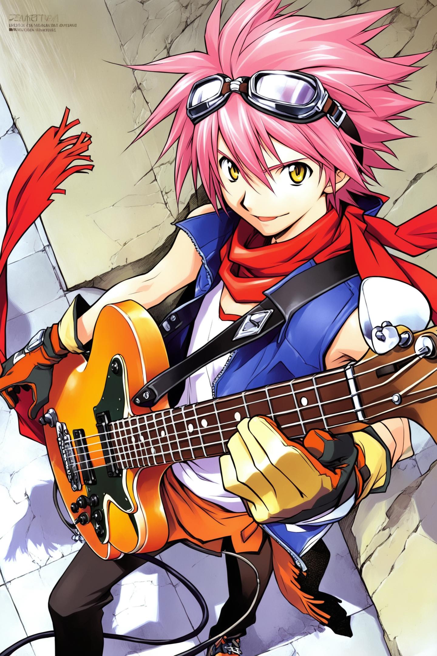 1boy,solo,goggles,pink hair,guitar,instrument,scarf,gloves,yellow eyes,short hair,goggles on head,bass guitar,
<lora:Sadamoto Yoshiyuki_illustriousXL:0.8>,