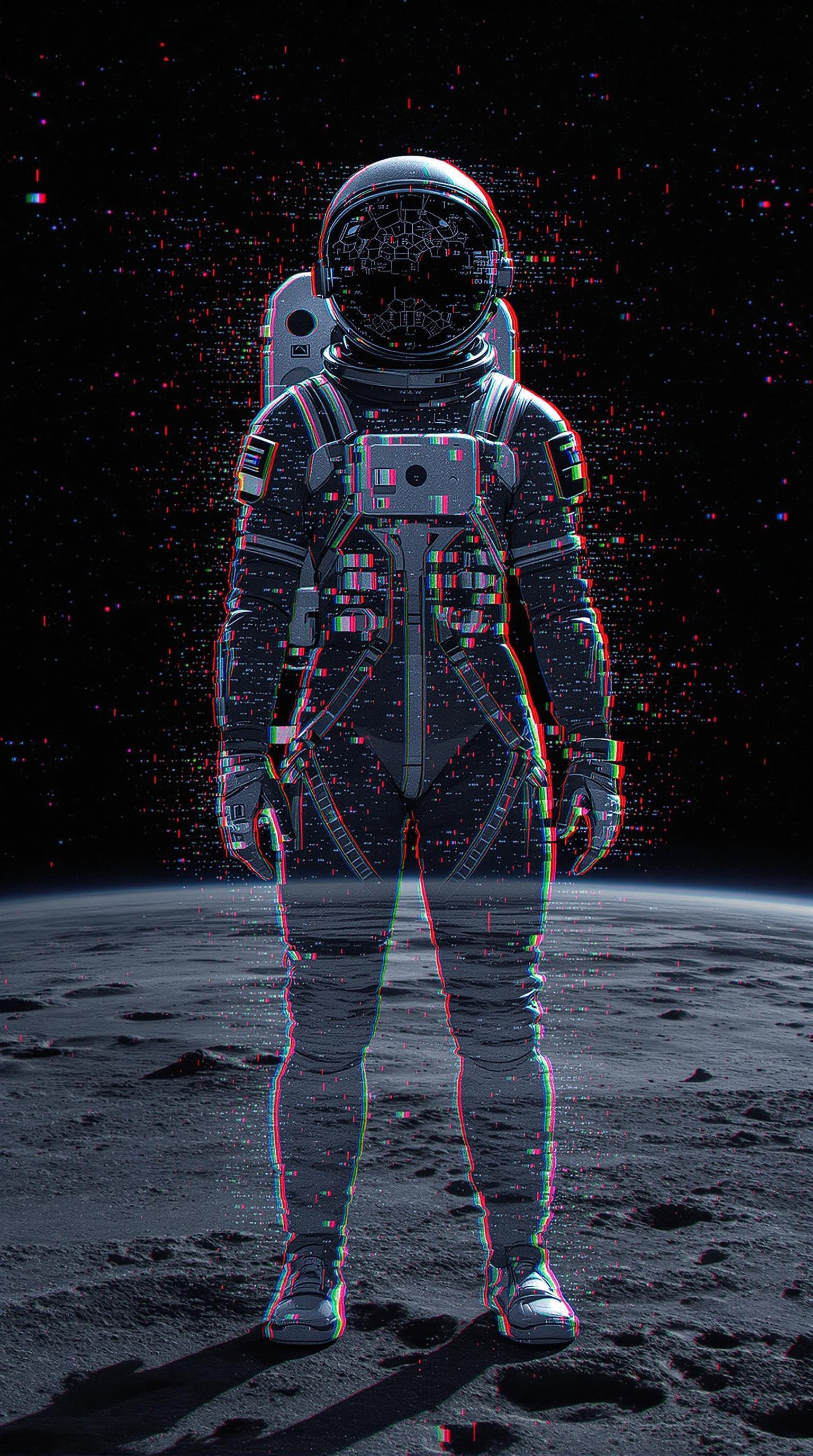 An astronaut standing upright on a gray, crater-filled lunar surface while enveloped in severe digital distortion effects, appearing to be fragmenting with red, blue, and green chromatic aberration lines creating pixelated glitch effects across their form. Behind the astronaut, the deep black space background is filled with scattered colorful digital artifacts, pixelated squares, and glitch patterns in red, blue, pink, and white. 