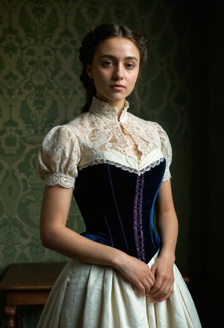 RAW full body analogue photo of a beautiful 20 years old woman, ,__Random_Woman__, perfect face, sexy pose, wearing The Victorian Vamp: A Victorian-inspired ensemble with a high-neck lace blouse, velvet corset, and floor-length skirt with a bustle, perfect eyes, detailed eyes, detailed iris, realistic skins absolute perfect tits, soft tits, natural tits , low light, soft natural light, Rembrandt style light, Hasselblad DLSR camera, 200mm Zeiss lens, f/2.8