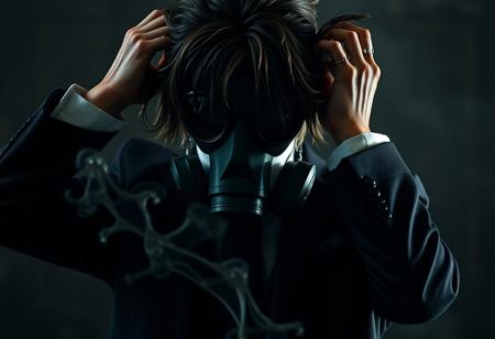"Create a hyper-realistic, micro-detailed image in the style of horror, featuring a person in a dark suit and gas mask, depicted in a distraught state with their hands in their hair, also incorporate elements of dark-matter from Gi Joe and Apex Legends. The image should be in 16k resolution, utilizing dramatic lighting and the golden ratio, aiming for an elite and ornate aesthetic. This piece should aim to trend on ArtStation and Behance, embodying the quality of Weta Digital and the style of artists such as Zdzisław Beksiński, Adam Solondz, and Dragana Bibin."