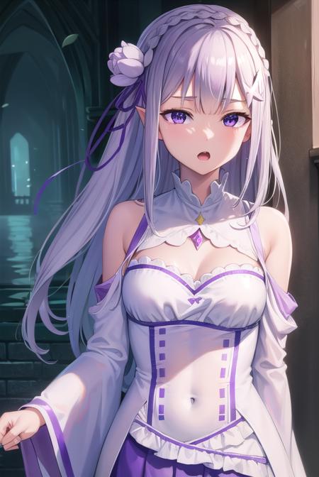 emilia, braid, crown braid, flower, hair flower, hair ornament, hair ribbon, long hair, pointy ears, (purple eyes:1.2), white hair, x hair ornament, detached collar, detached sleeves, frilled sleeves, frills, long sleeves, miniskirt, pleated skirt, ribbon, skirt, thighhighs, white skirt, white sleeves, white thighhighs, wide sleeves, zettai ryouiki alternate costume, cardigan, open cardigan, open clothes, sailor collar, school uniform, scrunchie, serafuku, sleeves past elbows, wrist scrunchie,