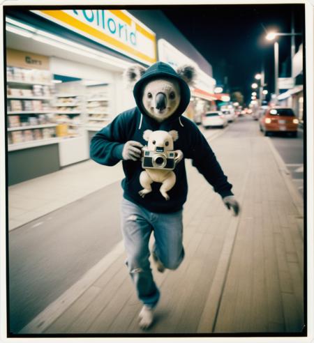 1980s polaroid photo of a koala bear robber escaping  a "polaroid" shop at night carrying a polaroid camera, wearing a hoodie, light hearted , running,  action shot,  (white border, faded, dust, scratches, over exposed, chromatic aberration, motion blur, desaturated, film grain, noise), <lora:add-detail-xl:0.8>