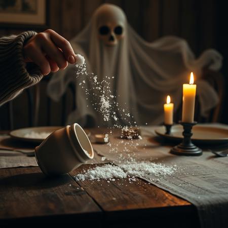 At a rustic, wooden dining table set for an intimate meal, a salt shaker teeters precariously on the edge, its porcelain surface gleaming under the warm, flickering light of a nearby candle. With a sudden shake, the shaker tips, scattering a cascade of crystalline grains across the weathered tablecloth, creating an inviting glimmer against the soft cream fabric. A figure, clad in a cozy, oversized sweater, instinctively reaches for a pinch of the spilled salt, their fingers trembling with urgency. As they toss the pinch deftly over their left shoulder, the salty grains catch the light, sparkling like tiny stars as they fall. Behind them, an ethereal figure materializes, composed of swirling dust and shadows, its translucent form flickering in and out of visibility. The ghost's eyes, hollow yet watchful, reflect a flicker of ancient wisdom, as it leans in, almost breathless, waiting to see if this time-honored ritual will ward off lurking misfortune. The atmosphere is thick with tension, the sweet aroma of a simmering dish lingering in the air, contrasting sharply with the ghostly presence that hangs like a whisper of doubt over the scene. As the flickering candlelight dances, the interplay of light and shadow heightens the sense of mystery and foreboding, a reminder that even the gentlest of actions can summon the unseen forces waiting at the edges of our lives.