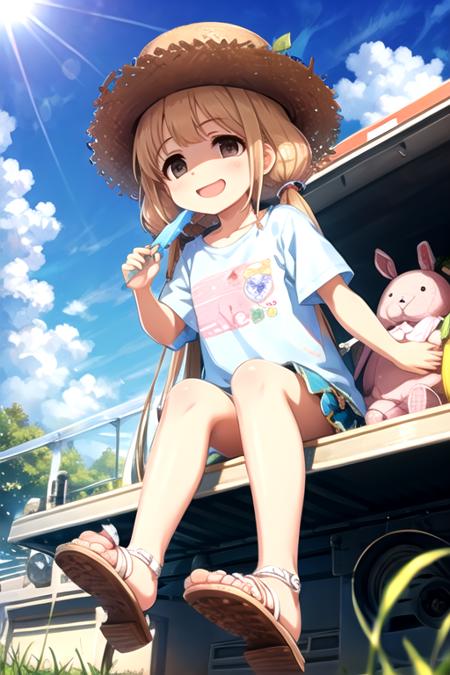 <lora:AnzuFutaba-09:0.7>, best quality, masterpiece, highres, abserdres, ankimo, smile, open mouth, shirt, hat, holding, sitting, white shirt, short sleeves, outdoors, food, sky, day, cloud, blue sky, low twintails, stuffed toy, sandals, sunlight, stuffed animal, grass, holding food, ground vehicle, lens flare, sun hat, popsicle, straw hat, sun, stuffed bunny, train, flip-flops