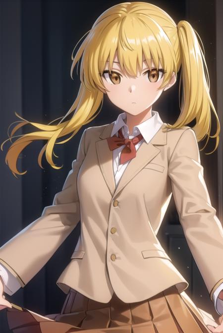 erisawachika, <lora:eri sawachika s2-lora-nochekaiser:1>,
eri sawachika, medium hair, (yellow hair:1.5), twintails, (brown eyes:1.5),
BREAK skirt, long sleeves, school uniform, pleated skirt, red skirt, shirt, collared shirt, white shirt, blazer, (light brown blazer:1.5), neckerchief, red neckerchief,
BREAK indoors, classroom,
BREAK looking at viewer, (cowboy shot:1.5),
BREAK <lyco:GoodHands-beta2:1>, (masterpiece:1.2), best quality, high resolution, unity 8k wallpaper, (illustration:0.8), (beautiful detailed eyes:1.6), extremely detailed face, perfect lighting, extremely detailed CG, (perfect hands, perfect anatomy),