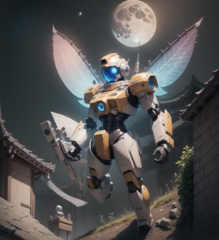 a small fairy mecha, solo, jumping, huge moon, star ring,star rail, (magic, fantasy, traditional asian style), (masterpiece:1,2), best quality, masterpiece, highres, original, extremely detailed wallpaper, perfect lighting,(extremely detailed CG:1.2), <lora:JM:0.4>