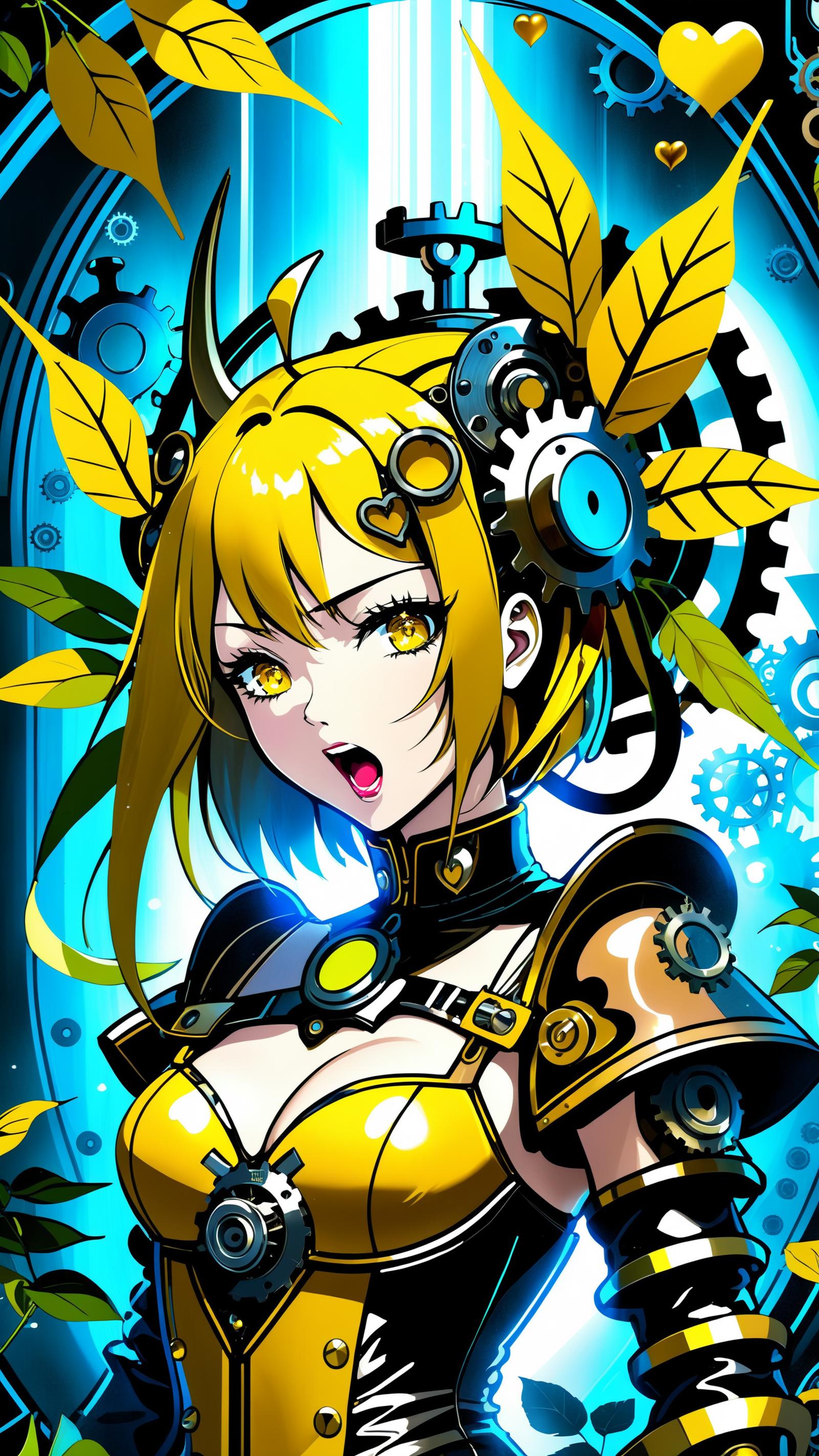 Anime-inspired female character with a yellow dress and a gadget-like necklace.