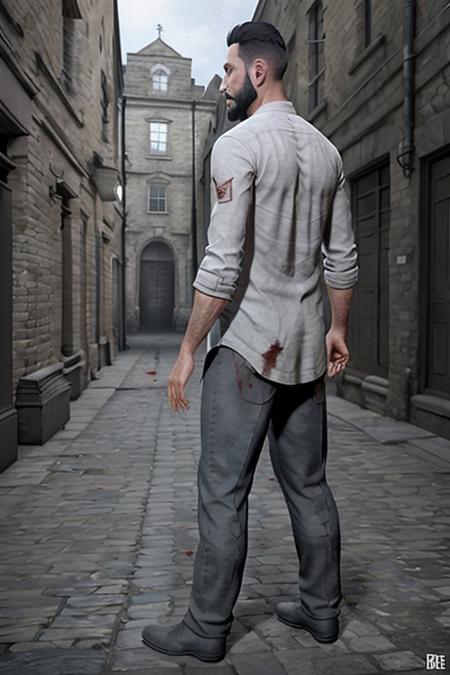 Jonathan_Reid, (bearded man), handsome, <lora:Jonathan_Reid_Vampyr_Test2:0.6>, full body, Vampyr_Game, Victorian London alley background, from behind