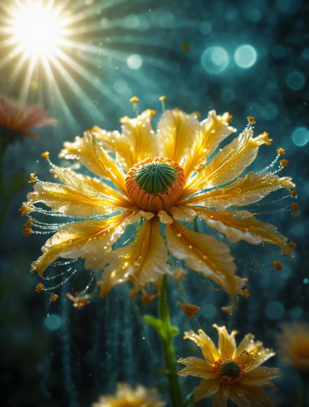 epiCPhoto,
Alien flora, a large, glowing flower with spiral petals, emitting a soft, pulsating light, surrounded by floating pollen particles, high definition, depth of field capturing the surreal environment, subtle sun rays filtering through