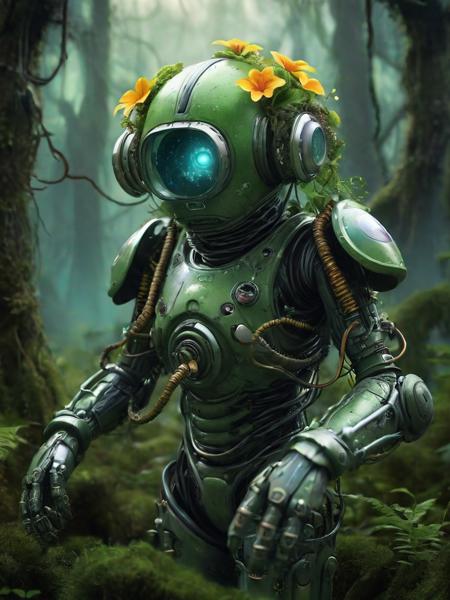 illustration-style picture of a biomechanical entity. The entity is a fusion of technology and nature, with a helmet that resembles a diving suit, its surface covered in verdant moss, holding a flower, giving flower to the viewer, twisting vines, and bright, exotic flowers. Its arms are heavy and robotic, adorned with peaceful symbols and patterns. The backdrop is an enchanted swamp, filled with a mystical fog, gnarly trees, and a spectrum of swamp flora. Fireflies dot the air with their luminescent glow. The illustration should have a whimsical and fantastical feel, with vibrant colors and a hand-drawn quality that emphasizes the enchanting aspects of the scene and the organic-meets-mechanical theme.