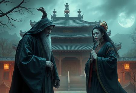 Depict a mysterious Taoist priest and a female ghost, with an ancient Taoist temple in the background, illustrating the interaction between the spirit world and the human realm.8k