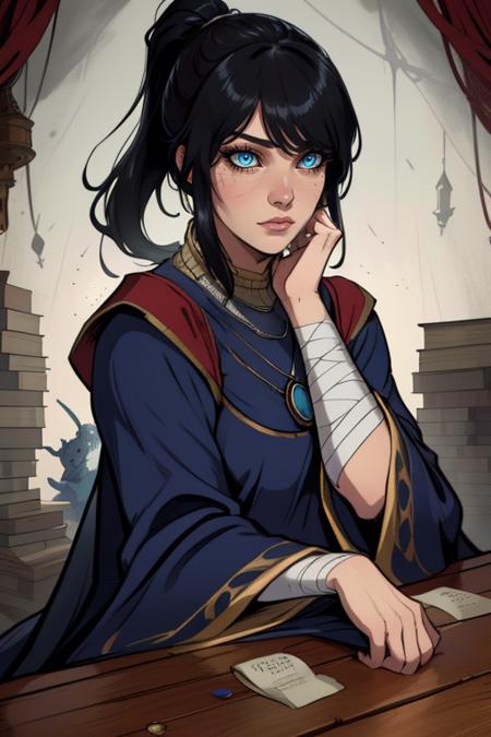 Sellen, bangs, black ponytail, thinking, pondering, sitting,  upper body,   
 MRobe,necklace,blue robe, long sleeves, bandages, wide sleeves, barefoot, 
 wooden bunker,  cobwebs,  potions, 
(insanely detailed, beautiful detailed face, masterpiece, detailed eyes, best quality)  <lora:Sellen-10v3:0.7>