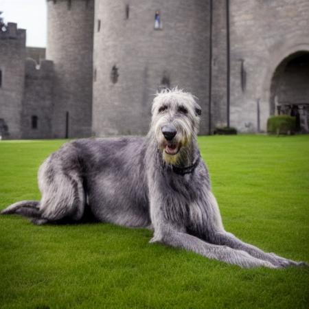 Photo of Irish_wolfhound, in front of a medieval castle with a knight on horseback<lora:IWolf:1>