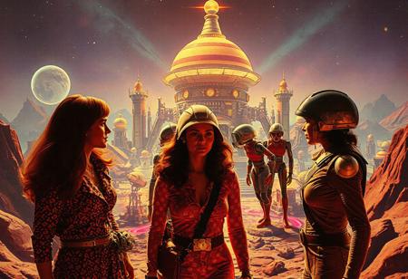 cinematic photograph, three women astro-explorers explore a mysterious psychedelic city meeting robo Men   ,1960s adventure b-movie science fiction film, technicolor,