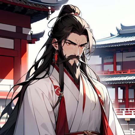 best quality,masterpiece,(1male,elder),very long hair,very long beard,hanfu,ffgufengdamoff,closed mouth,outdoor,east asian architecture,upper body,(blurry background:0.4),