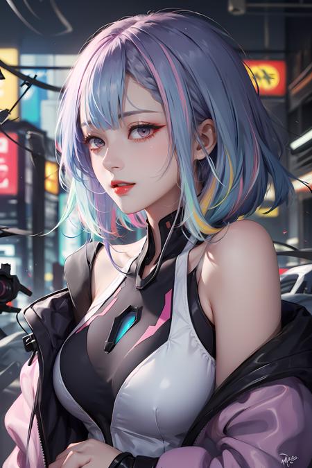 (masterpiece, best quality:1.3), lucy, 1girl, (multicolored hair:1.4), lucy (cyberpunk), cyberpunk,( bare shoulders:0.8), (smile:0.6), looking at viewer, solo focus, bangs, red lips, , red eyeliner, elder sister, colorful hair, (profile:0.6),<lora:lucy0ax02:0.75>