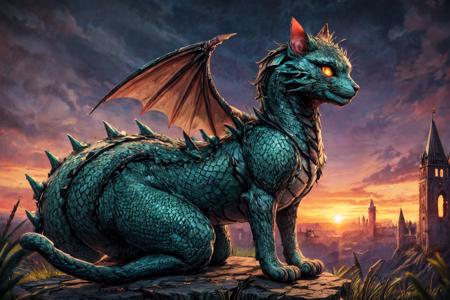 (RAW photo, 8k uhd, Analog style, Masterpiece, Best Quality, Highres:1.4), (dramatic, cinematic:1.2), BREAK,
movie shot of hyperdetailed (cat headed:1.35) (dragon:1.3), ((dragon:cat:0.77):1.15), (glowing:1.2) (scales:1.1), (tail:1.0), golden eyes, green (armor:1.25), lying in the detailed ((magic:1.1) forest:1.1), (castle ruins:1.32), (overgrown:1.2), (hill:1.2), (roots:1.05), (mushrooms:1.27), (light particles:1.2), (glowing sparks:1.07), (green magic:1.1), (sunset:1.22), soft lighting, (campfire:1.03), (treasures:1.3), (from side:1.1), BREAK,
(photorealistic:1.2), (intricate:1.4), (light theme:1.4), (mysterious, fabulous, fantasy, mystical:1.3), (hyperdetailed, absurdres:1.2), (colorful:1.3), (no humans:1.4), (elegant:1.1), vertical pupils, (bat wings:1.2), (dragon wings, claws, spikes:1.15), (glowing ornament:1.2), (incredible, amazing, esoteric:1.2), BREAK,
<lora:more_details:1>,
<lora:zoom_slider_v1:2.38>