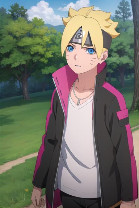 borutouzumaki, <lora:boruto uzumaki-lora-nochekaiser:1>,
boruto uzumaki, short hair, blue eyes, blonde hair, male focus, facial mark, spiked hair, whisker markings, forehead protector,
BREAK shirt, long sleeves, jewelry, jacket, white shirt, open clothes, pants, necklace, open jacket, black jacket, black pants,
BREAK outdoors, forest, nature, trees, grass, sky, clouds, sun,
BREAK looking at viewer, (cowboy shot:1.5),
BREAK <lyco:GoodHands-beta2:1>, (masterpiece:1.2), best quality, high resolution, unity 8k wallpaper, (illustration:0.8), (beautiful detailed eyes:1.6), extremely detailed face, perfect lighting, extremely detailed CG, (perfect hands, perfect anatomy),