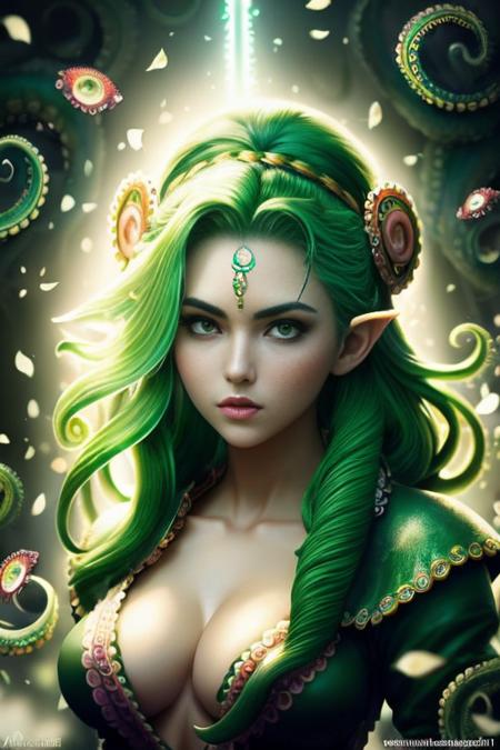 quantumstyle <lora:quantum_model:0.95>  ((best quality)), ((masterpiece)), (detailed), with green hair, holding a sword, (Artgerm inspired:1.2), (pixiv contest winner:1.1), (octopus goddess:1.3), (Berserk art style:1.2), close-up portrait, goddess skull, (green curly hair:1.2), card game illustration, thick brush, HD anime wallpaper, (Akali from League of Legends:1.1), 8k resolution