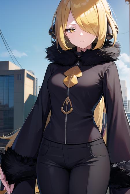 pokemoncynthia, <lyco:pokemoncynthia-lyco-nochekaiser:1>,
pokemoncynthia, blonde hair, hair ornament, (hair over one eye:1.5), long hair, (yellow eyes:1.5), <lora:sensualface_type1:1>, smile,
BREAK black coat, black pants, black shirt, coat, fur collar, fur trim, fur-trimmed sleeves, pants, shirt,
BREAK looking at viewer, upper body, full body, (cowboy shot:1.5),
BREAK outdoors, nature, sky,
BREAK <lyco:GoodHands-beta2:1>, (masterpiece:1.2), best quality, high resolution, unity 8k wallpaper, (illustration:0.8), (beautiful detailed eyes:1.6), extremely detailed face, perfect lighting, extremely detailed CG, (perfect hands, perfect anatomy),