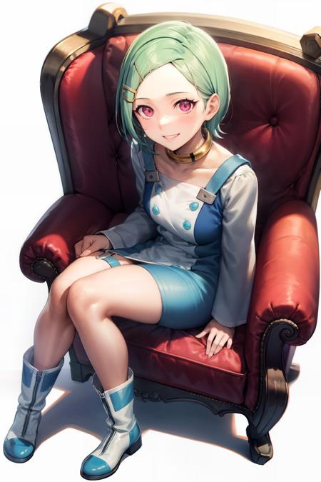 masterpiece, best quality,  <lora:eureka:1>,1girl, solo, boots, white footwear, sitting, chair, short hair, hair ornament, hairclip, aqua hair, smile, dress, collar, green hair, long sleeves, full body, looking at viewer, pink eyes, choker, thigh strap, white background, jewelry, simple background, knees together feet apart, red eyes, armchair, legs, couch