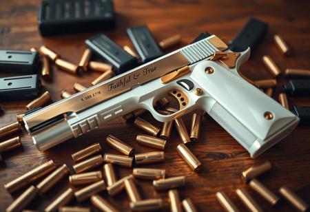 A gun is lying flat on a wooden table, it is a pure white chrome-finished ((Colt 1911)) full-size handgun with "Faithful & True" engraved in elegant font along the slide of the pistol. The grips are beautiful pearl white, and the the gun has gold accents on all the buttons and levers. The pistol is surrounded by spare mags and dozens of extra .45 ACP ammunition rounds littered across the table. View from above, weapon, indoors, signature, blurry, gun, mirror finish, chrome finish, reflections, beautiful reflections, highly detailed reflections, reflective finish, no humans, depth of field, blurry background, handgun, action film style, shallow depth of field, vignette, highly detailed, high budget, bokeh, cinemascope, moody, epic, gorgeous, film grain, grainy