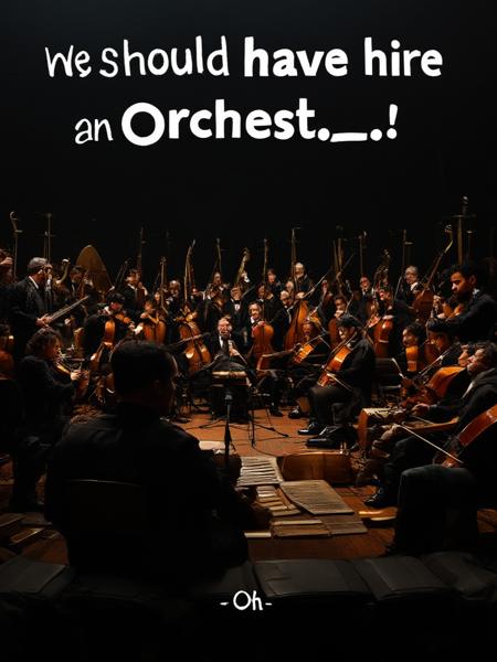 real, realistic, cinematic realism.
a full orchestra in a dark room, at least 20 members playing various impossible instruments like table legs and old boots and washboards.

the top center has white caption text displayed "we should have hired an orchest-... oh."