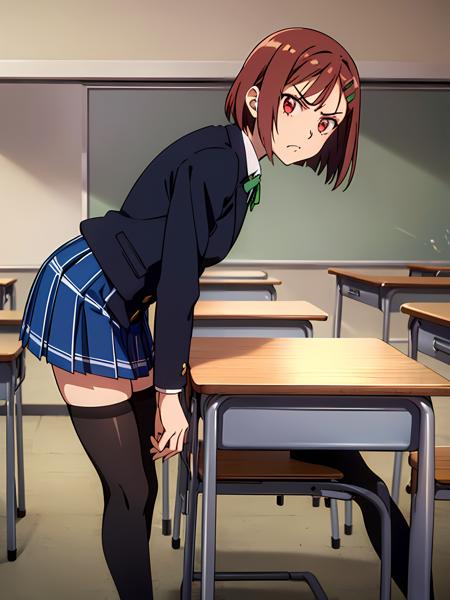 (exceptional, best aesthetic, new, newest, best quality, masterpiece, extremely detailed), 1girl, solo, miyazawayukino, angry, from_side, looking_at_viewer, school_uniform, blue_skirt, green_hairclip, black_thighhighs, classroom