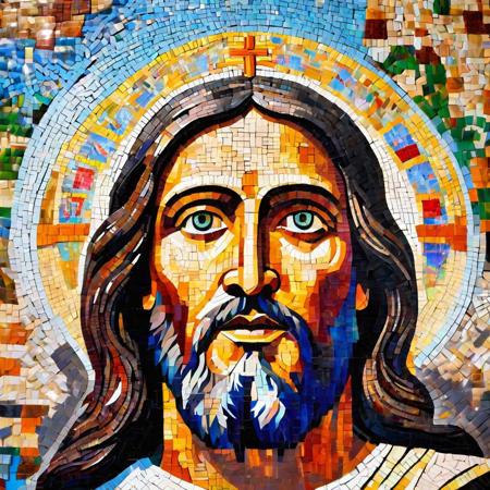 Envision a mosaic representation of Jesus Christ on the walls or ceiling, with reflections of the mosaic patterns creating a brilliant and intricate display