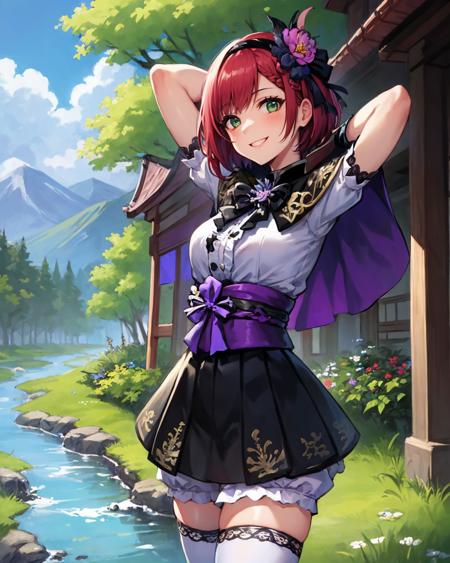 best quality, (masterpiece:1.2), illustration, absurdres,
(1girl, solo), (beautiful detailed girl), cowboy shot,
<lora:GraciaSW3-08:0.8>, Gracia Hosokawa, red hair, short hair,  (large hair ornament), green eyes, small breasts,
purple and black shirt, ornate shirt, purple sleeves, black skirt, ornate skirt, bloomers, purple capelet, (white thighhighs:1.1), ornate black boots, purple bracelet,
grassy mountains, trees, japanese architecture, river, plants,
smile, looking at viewer, 
((arms behind head))