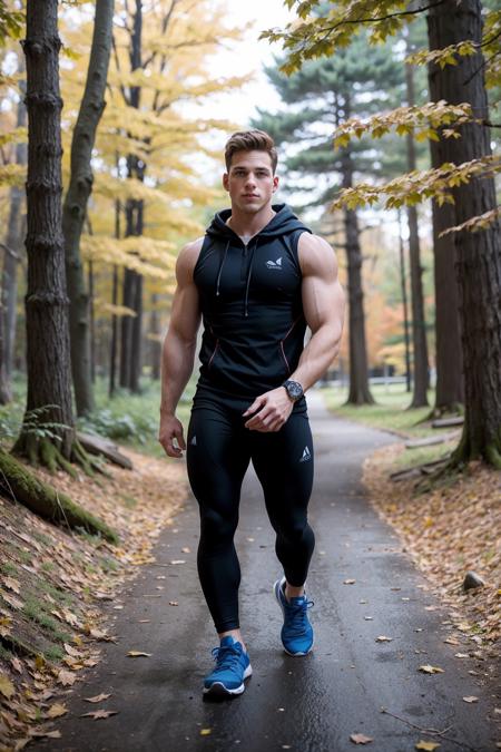 full body shot photo of nick_sandell  <lora:nick_sandell_v3_preppy-06:0.50> by Rick Day, wearing (blue:black:white:0.5) sleeveless hoodie compression pants and sneakers, taking a break from running in a forest surrounded by trees, fall foliage,  wearing athletic watch, natural lighting, autumn weather