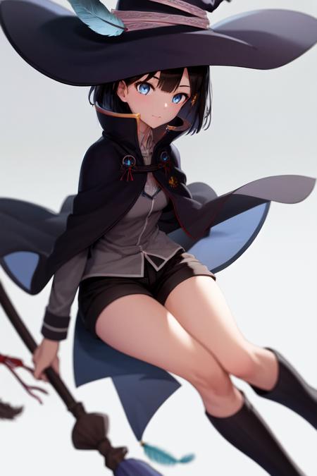 masterpiece, best quality, highres, 1girl saya bob cut blue eyes, witch hat blue hat feather, capelet robe shorts <lora:saya2:1> (photorealistic:1.0)